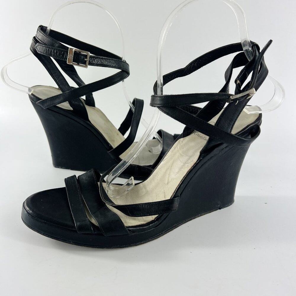 Calvin Klein Vintage 90's Strappy Black Leather Wedges Heels Shoes 8.5